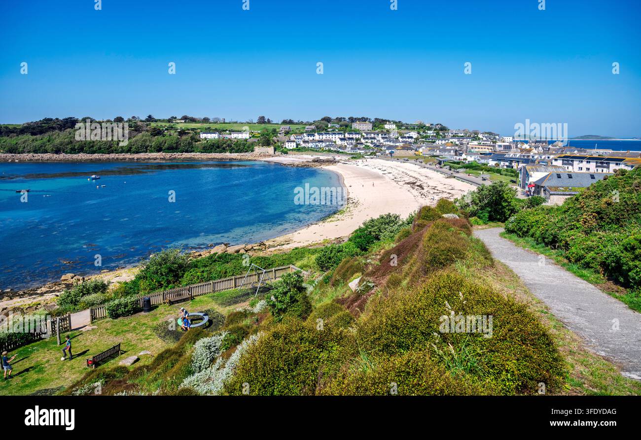Porthcressa Beach, an der Südseite von Hugh Town, St Mary's, Scilly-Inseln, UK. Stockfoto