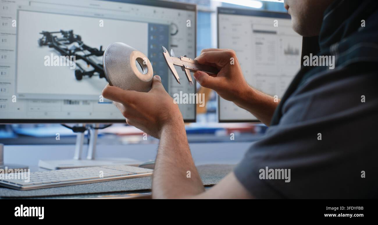In einer High-Tech-Anlage misst ein junger Spezialist ein Metall-Autoteil mit einem Messschieber am Computer. Mechanisches Prototyping und industrielle Automatisierung erhöhen die Präzision des Automobilbaus. Stockfoto