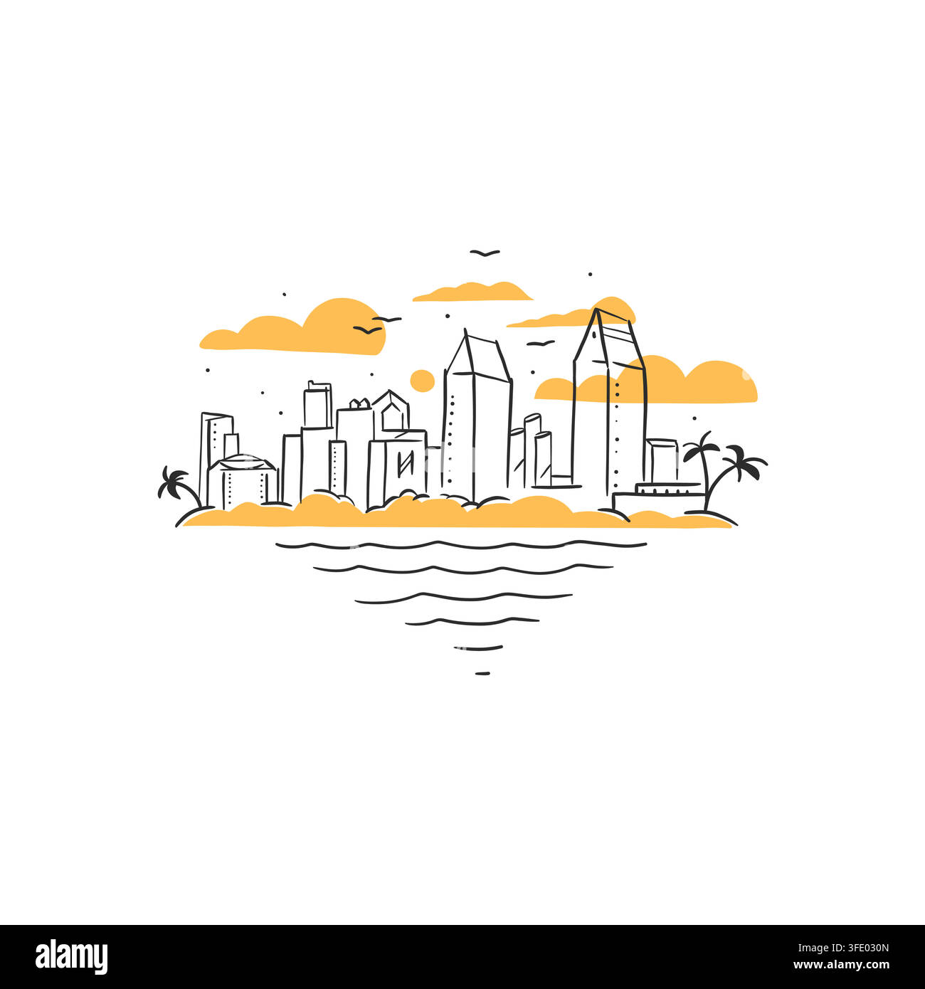 Moderne Küstenstadt-Skyline mit Palmen, handgezeichnete Vektorillustration, tropische Uferstadtlandschaft und urbane Architektur-Linienkunst Stock Vektor