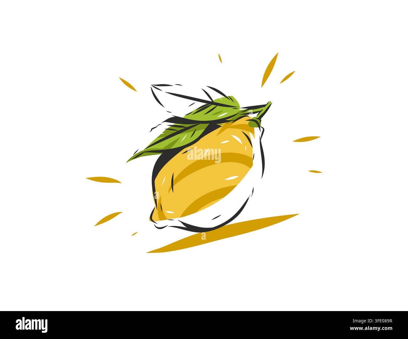 Frische gelbe Zitrone mit grünen Blättern, handgezeichnete Vektorillustration, saftige Zitrusfrucht, organische gesunde Lebensmittel und natürliches Sommerdesign, isoliert auf Stock Vektor