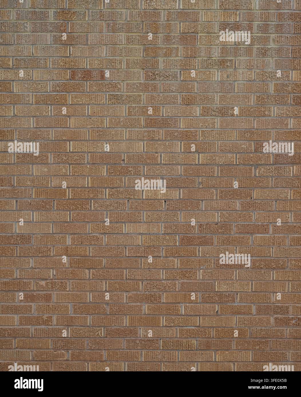 Terrakotta-farbene Ziegelwand mit rauen, gerillten Ziegeloberflächen Stockfoto