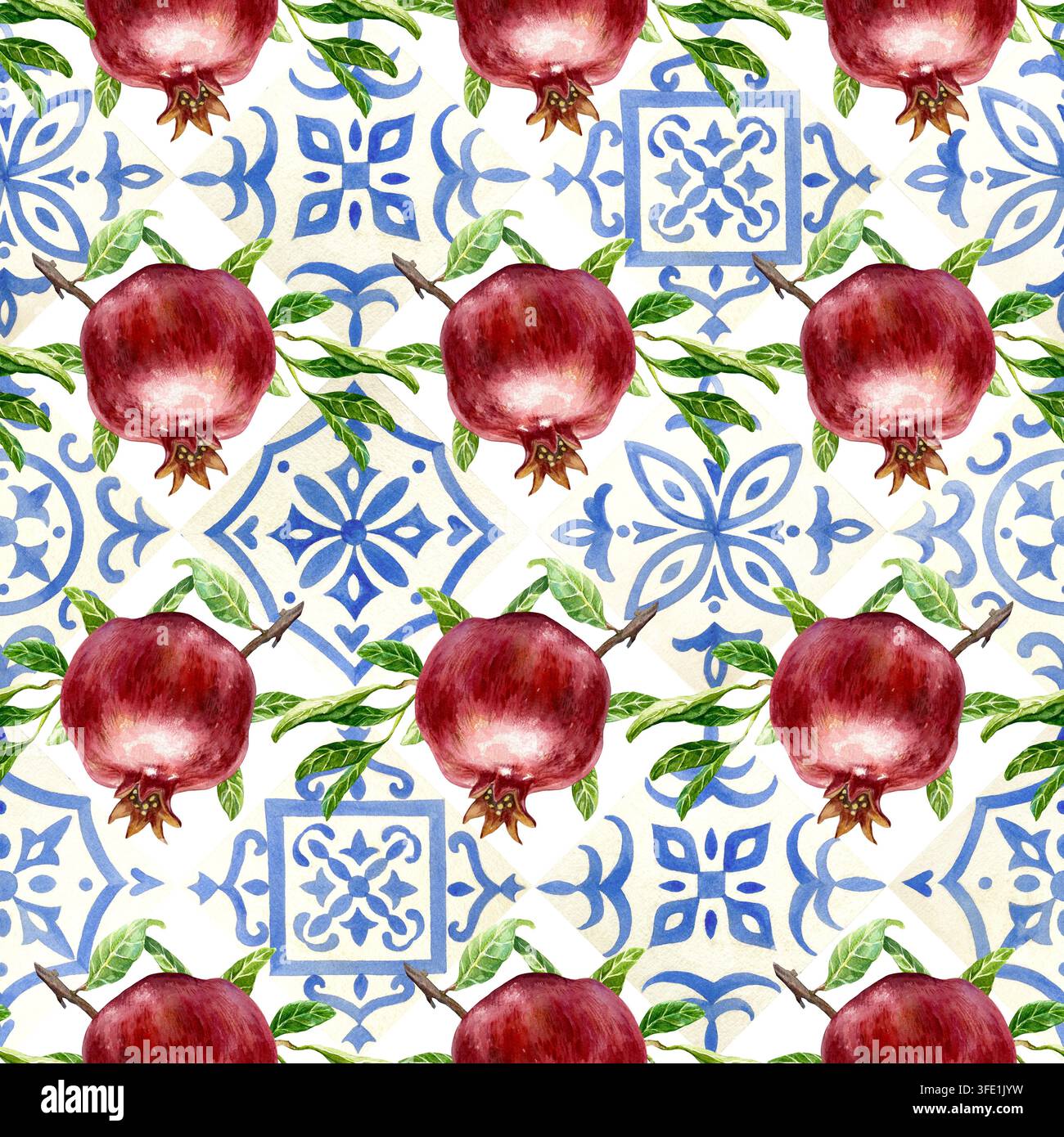 Blaue Azulejo-Fliesenmotive und rote reife Granatäpfel, nahtloses Muster. Handgezeichnete Aquarellillustration, isoliert. Perfekt für Verpackungen, Textilien Stockfoto