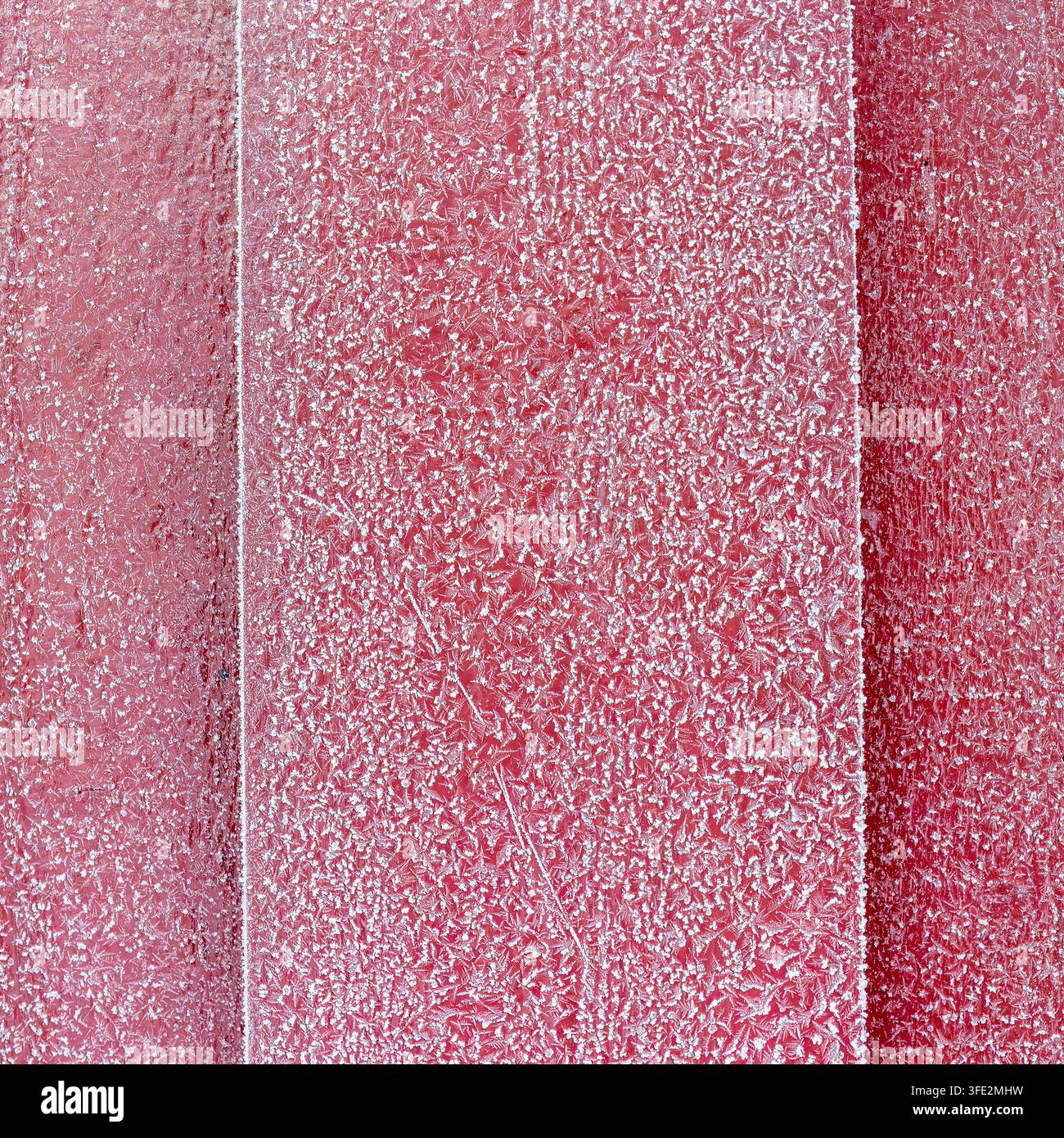 Natürliche Frostgeometrie bedeckt rot gestrichene Holztafeln mit zarten Eiskristallen und schafft eine lebendige Wintertextur für saisonale Hintergründe, kaltes Wea Stockfoto