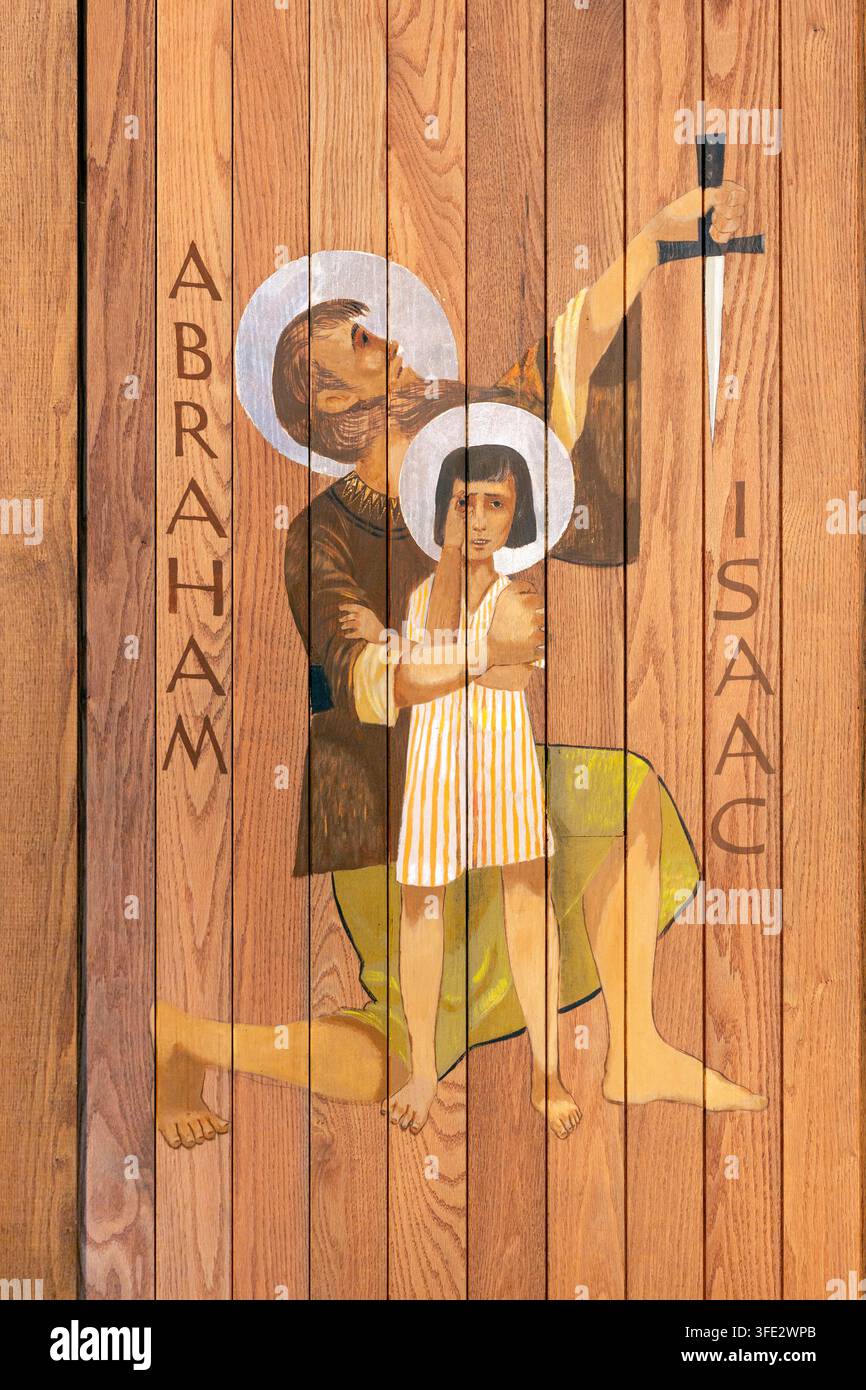 Detail eines Kirchenchorfreskos von 1962, das Abraham zeigt, wie er ein Messer und seinen Sohn Isaak hält. Gott prüfte Abrahams Glauben, indem er ihm befahl, I Stockfoto