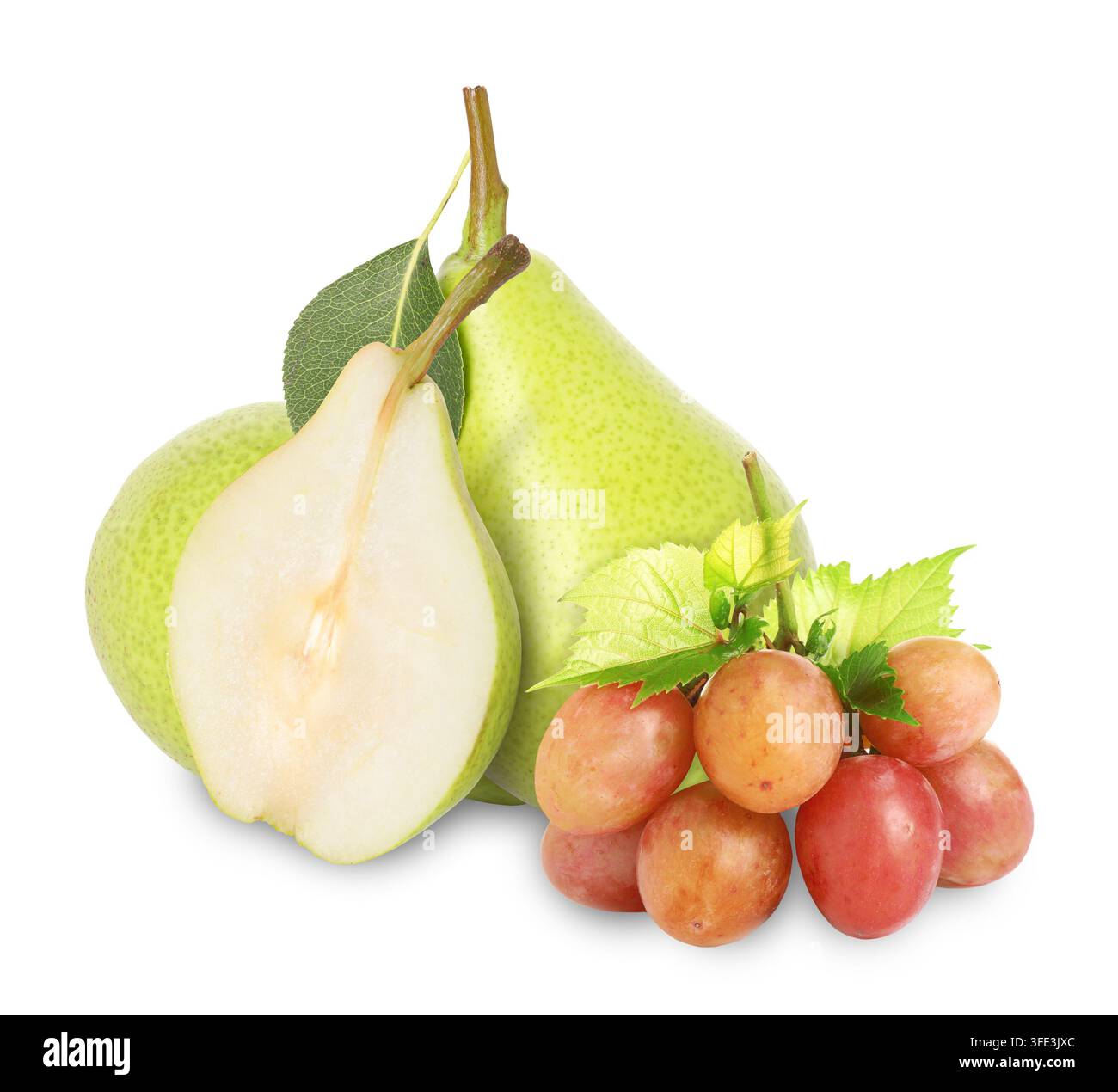 Frische Birnen und Trauben isoliert auf Weiß. Kombination von Aromen Stockfoto