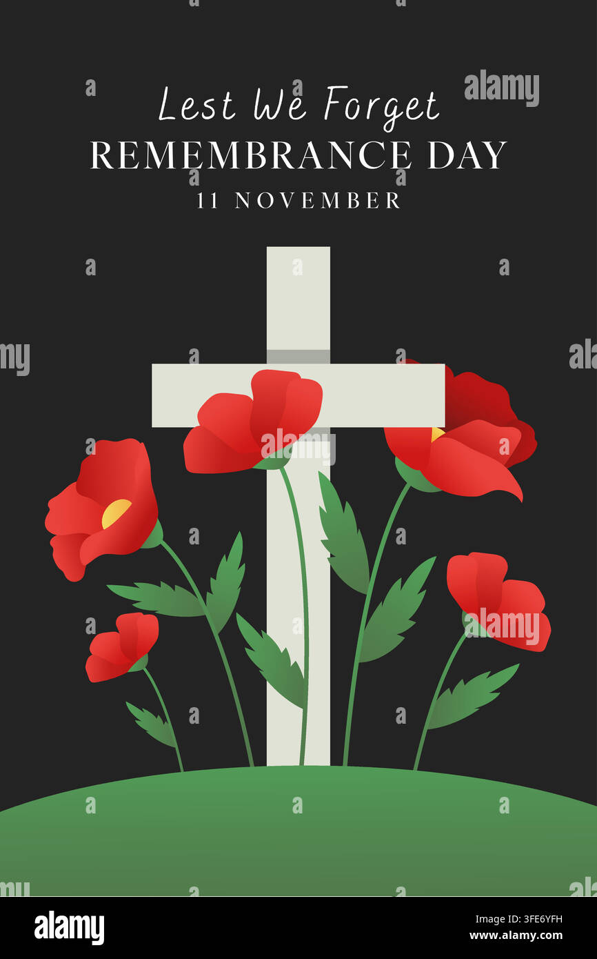 Gedenktaags-Posterdesign im Hochformat mit Mohnblume und Kreuz Stock Vektor