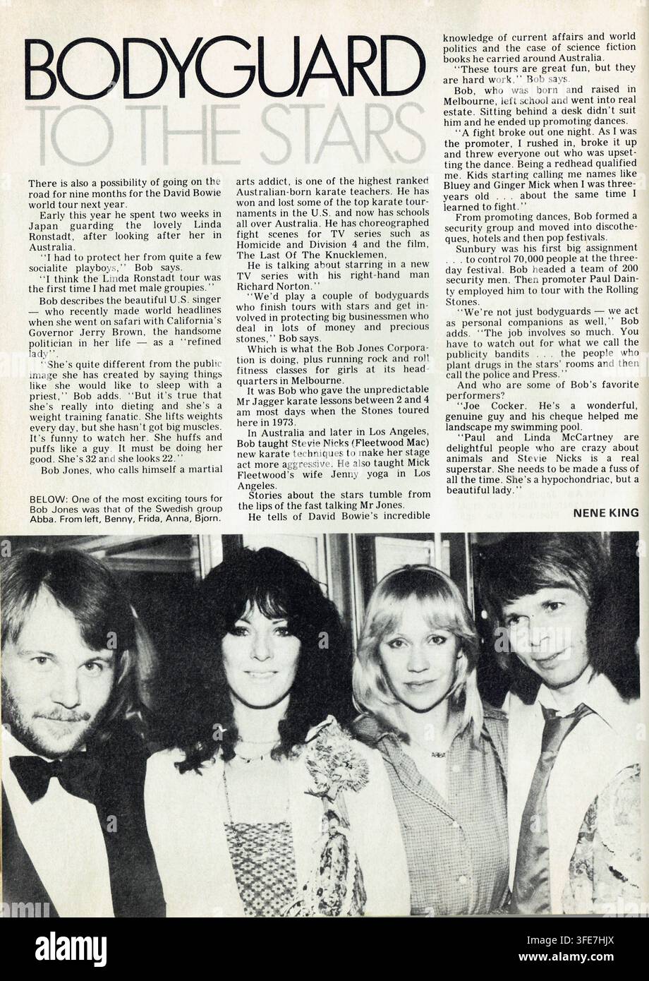 Vintage-Artikel aus dem Jahr 1979 der New Idea-Zeitschrift über den Prominenten-Bodyguard Bob Jones, Fortsetzung auf der zweiten Seite. Stockfoto
