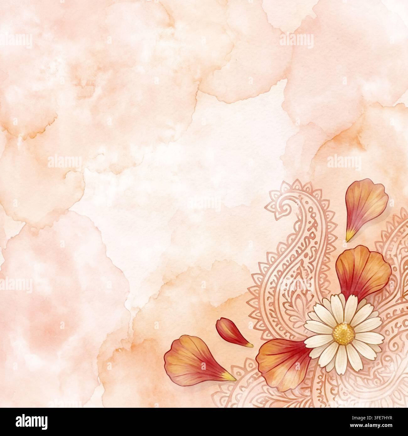 Handgemalte Aquarelltextur in warmen Pfirsichtönen und Orangetönen. Böhmisches indisches Paisley-Ornament mit weißer Kamille und roten Blütenblättern in der Ecke. Illustration Stockfoto