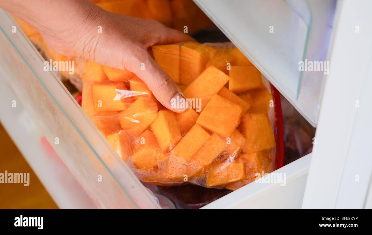 Eine Frau legt eine Plastiktüte gefüllt mit gewürfeltem orangefarbenem Kürbis in eine Gefrierschublade zur Aufbewahrung Stockfoto