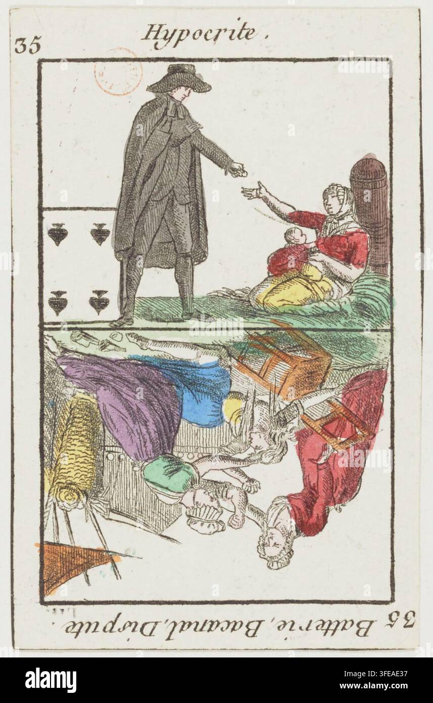 Ein Kupferstich von 1807, der Jeux divinatoires darstellt, mit zwei gegensätzlichen Szenen: Eine ruhige obere Szene zeigt eine stehende Figur, die einer sitzenden Figur mit einem Kind die Hand reicht, und eine chaotische untere Szene mit umgestürzten Gegenständen und einer Figur auf dem Rücken, alles eingerahmt von einem Rahmen mit Text und Zahlen. Stockfoto