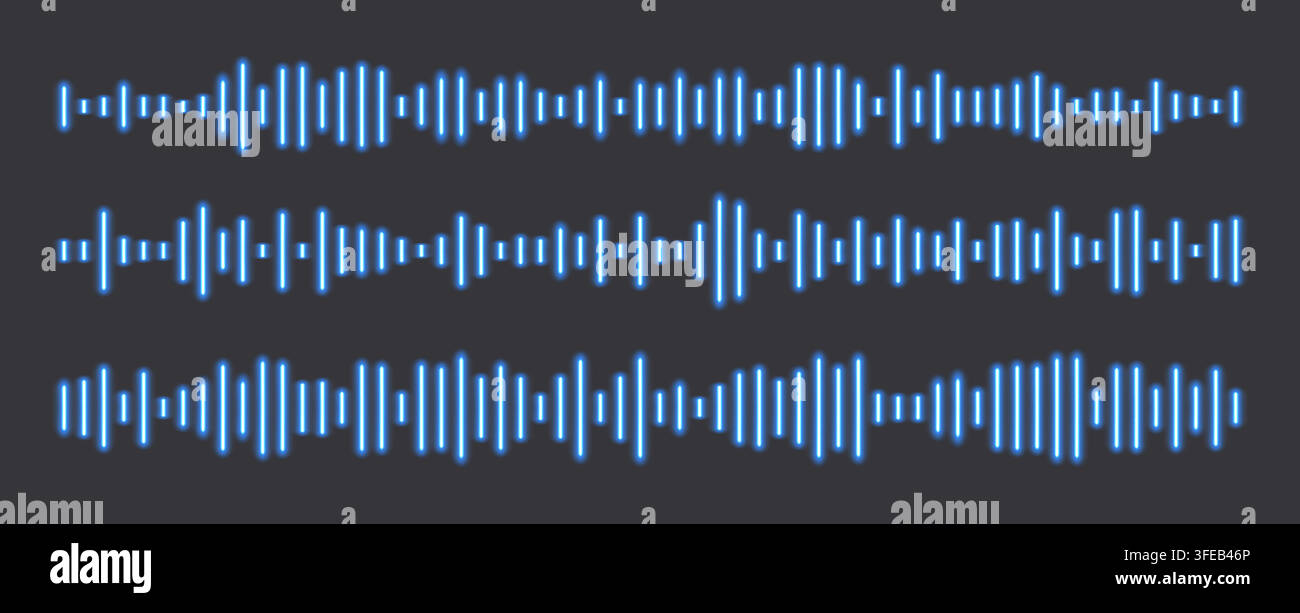 Neon-Soundwellen, blau isolierte leuchtende Klang-Audio-Wellen. Stock Vektor
