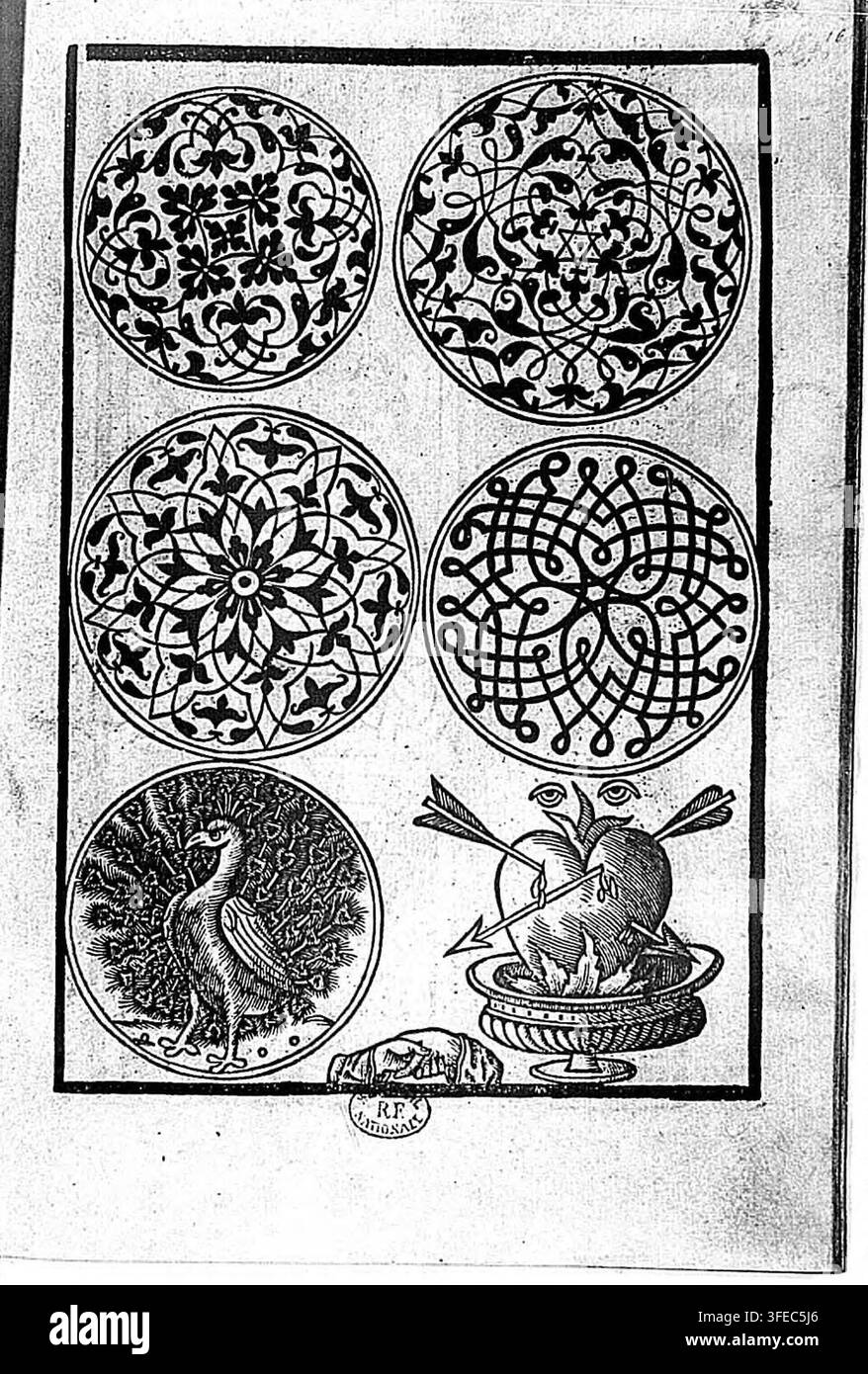 Ein Druck aus dem 16. Jahrhundert mit sechs kreisförmigen Designs, die kunstvolle Muster wie Blumenmotive, geometrische Gitter und einen Vogel zeigen, begleitet von einem zentralen Herzen, das von Pfeilen durchbohrt ist, datiert zwischen 1524 und 1530. Stockfoto