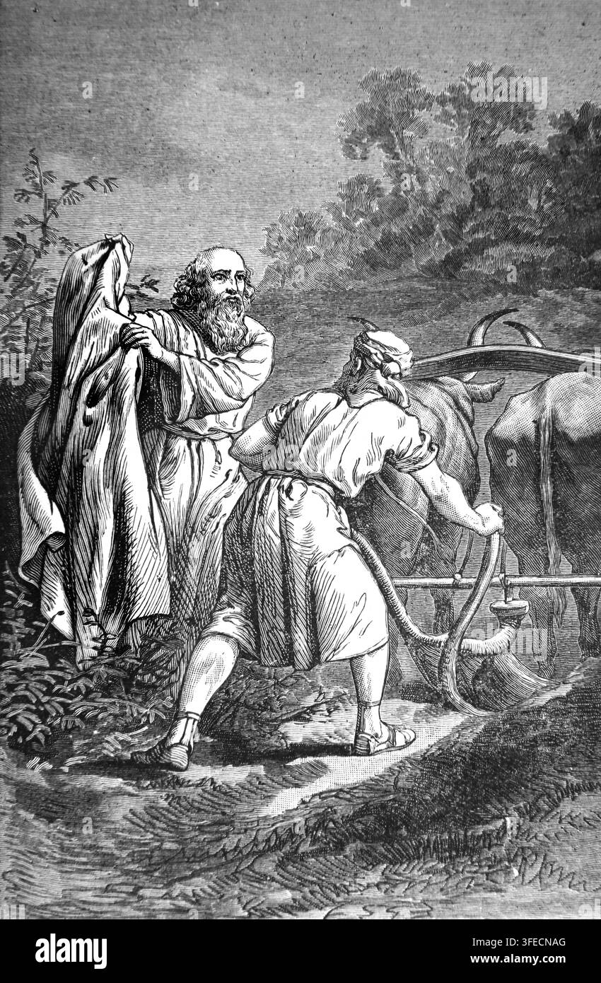 Illustration des Propheten Elia, der seinen Mantel auf Elisa wirft, der die Felder pflügte, als Zeichen, dass Elisa Elia folgen sollte (Könige) von An Stockfoto
