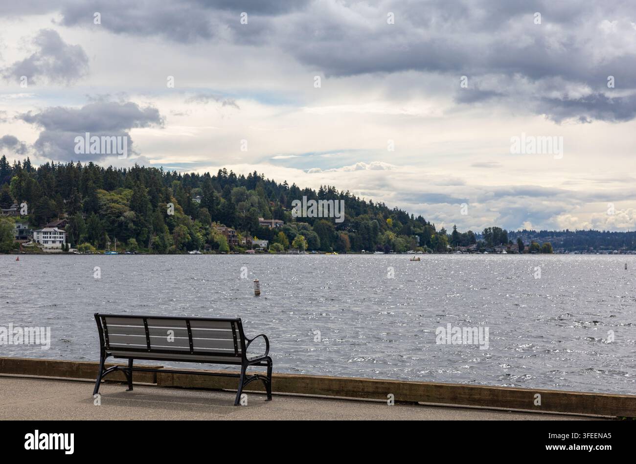 Leere Uferbank mit Blick auf offenes Wasser und eine baumbewachsene Uferlinie unter einem dramatischen bewölkten Himmel. Stockfoto