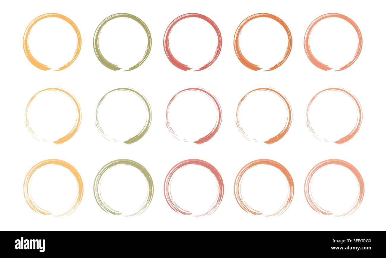 Satz von sechzehn farbenfrohen kreisförmigen Pinselstrich-Designs, inspiriert von Zen-Enso-Kunst. Minimalistisches abstraktes Muster in Orangetönen, Grün, Rot und Pfirsichtönen, p Stockfoto