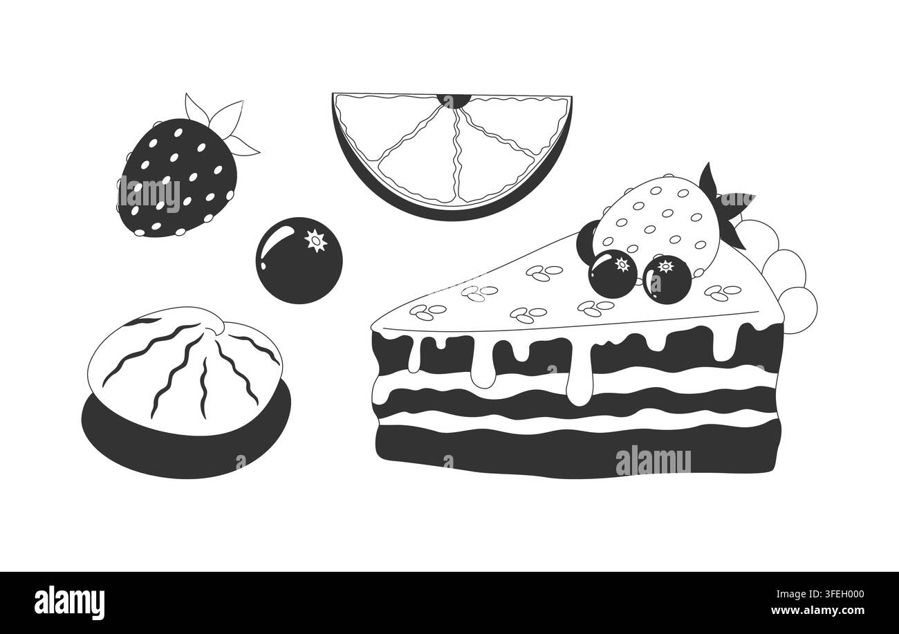 Frucht- und Beeren-Dessert Schwarz-Weiß Cartoon Cliparts Set Stock Vektor