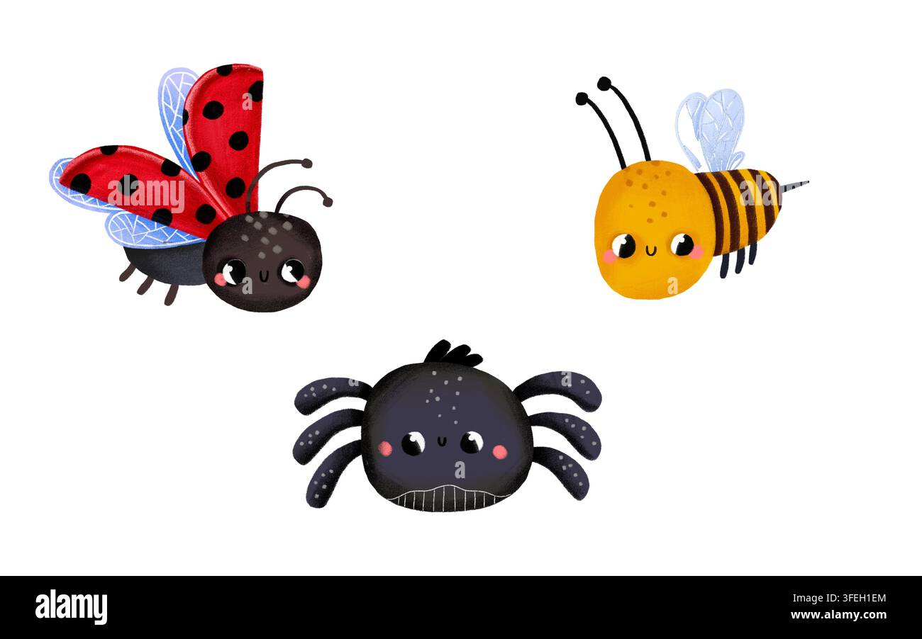 Niedliche handgezeichnete Illustration einer Marienkäferin, einer Hummel und einer freundlichen Spinne. Ideal für Kinderdrucke, Kindergartenkunst, Grußkarten, Bildungsmaterialien, Stockfoto