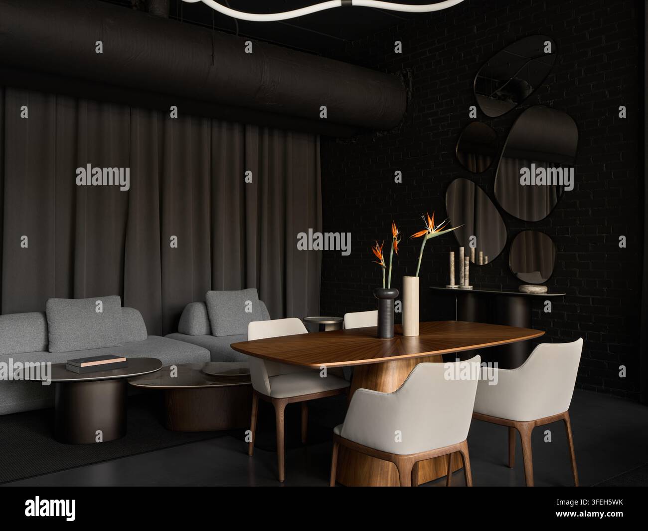 Elegantes dunkles modernes Wohnzimmer und Essbereich Stockfoto