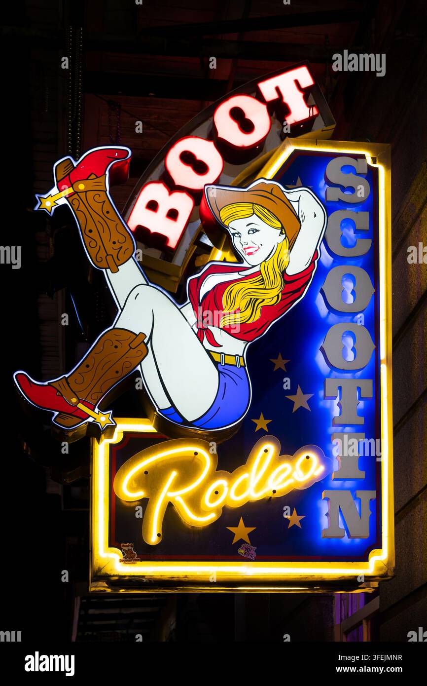 Boot Scootin Rodeo Neon-Live-Country-Musik-Bar und Tanz auf der Bourbon Street, New Orleans-Nachtleben, Louisiana Stockfoto