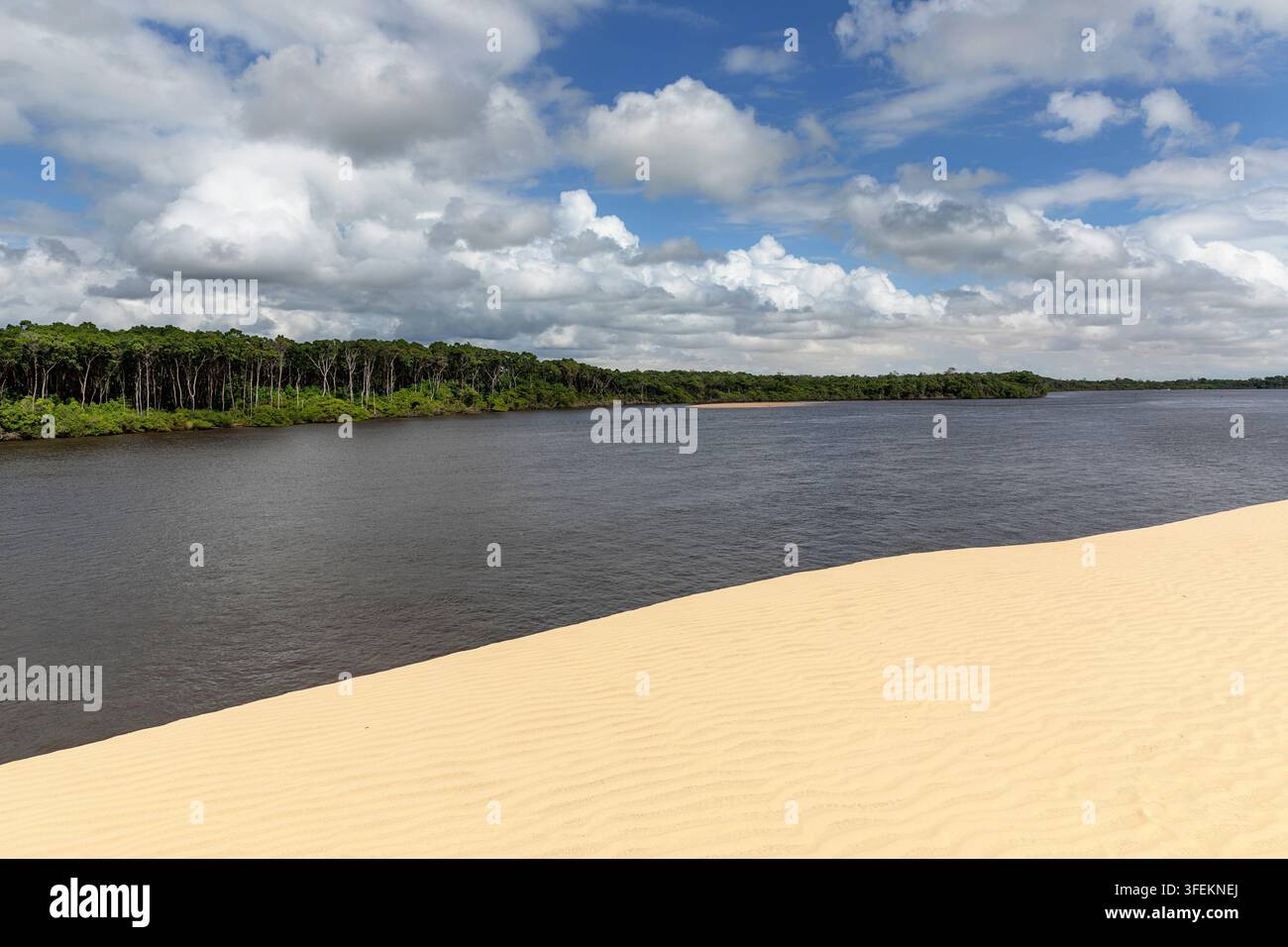 Fantastische weiße Sanddünen, die sich steil entlang des friedlichen Preguicas-Flusses erheben, mit einem dichten tropischen Regenwald auf dem gegenüberliegenden Ufer, Brasilien. Stockfoto