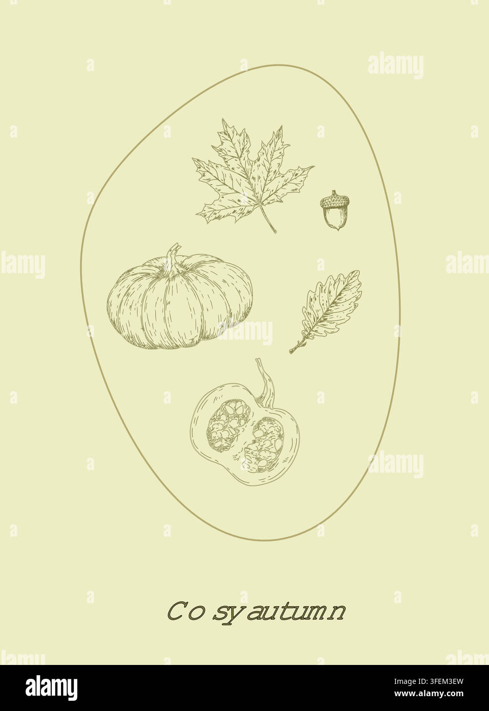 Vektor-Herbstposter mit handgezeichneten Kürbissen, Blättern und einer Eichel. Minimalistische Feiertagsgrußkarte mit Texttypografie isoliert auf dem Hintergrund. Elegant Stock Vektor