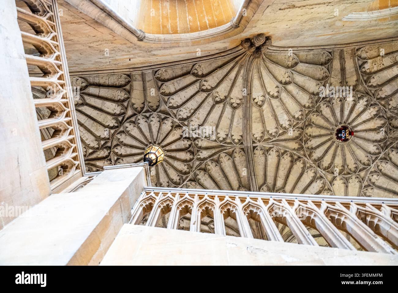 Verzierter Fächergewölbe-Deckenboden über der Flur-Treppe in Christ Church, Oxford, ein beeindruckendes architektonisches Meisterwerk aus dem 17. Jahrhundert, Oxford, England, U Stockfoto