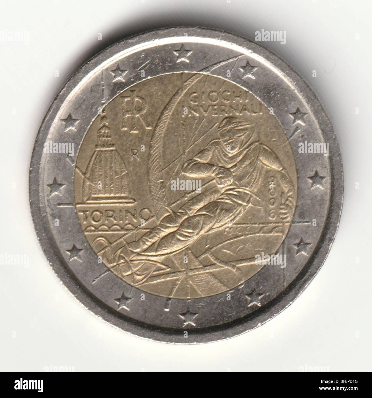Italienische 2-Euro-GedenkMünze, Turin 2006 WinterOlympische Spiele, mit einem Skifahrer und der Mole Antonelliana, Nahaufnahme Makroaufnahme Stockfoto