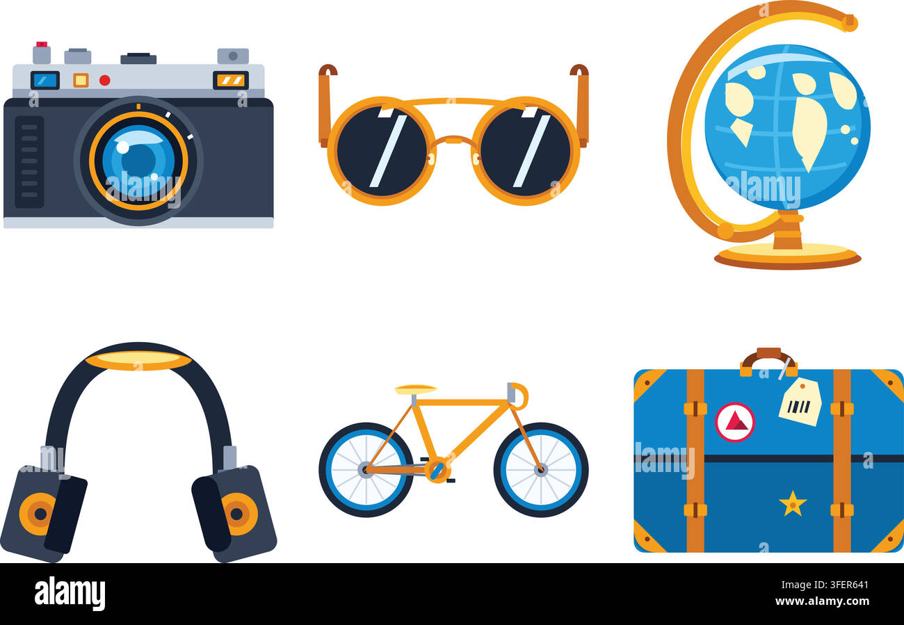 Satz von Reise- und Abenteuer-Symbolen mit Kamera-Erdkugel und Fahrrad Stock Vektor