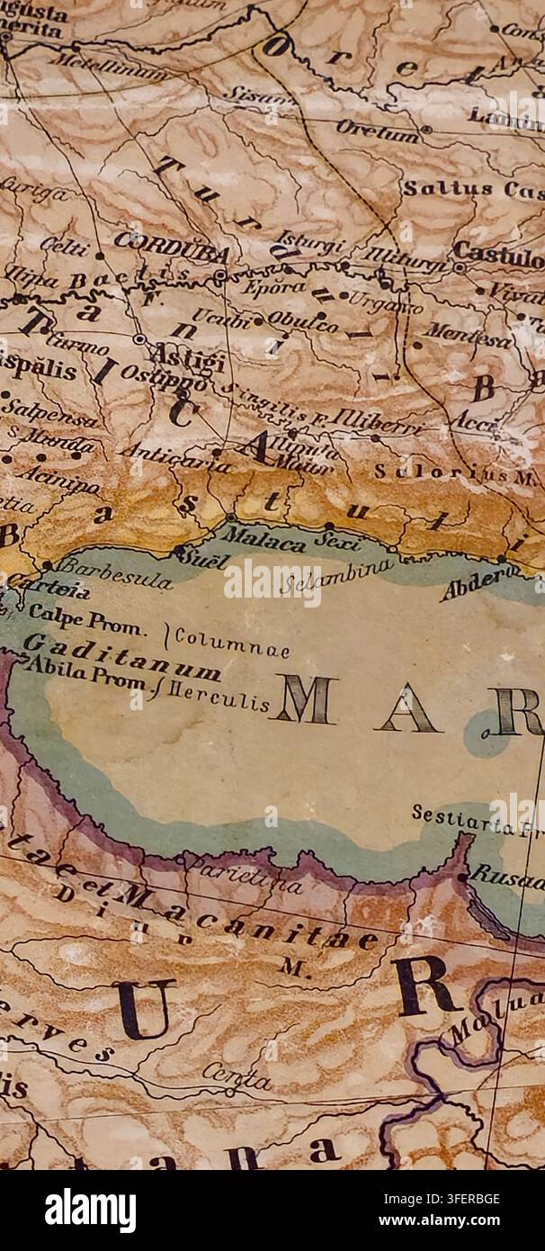 Afrikanische Geografie, Andalusien, Andalusien-Karte, Baeza, Europa und Afrika, Iberische Halbinsel, Jaén, lateinische Ortsnamen, Mittelmeer, mediterran Stockfoto