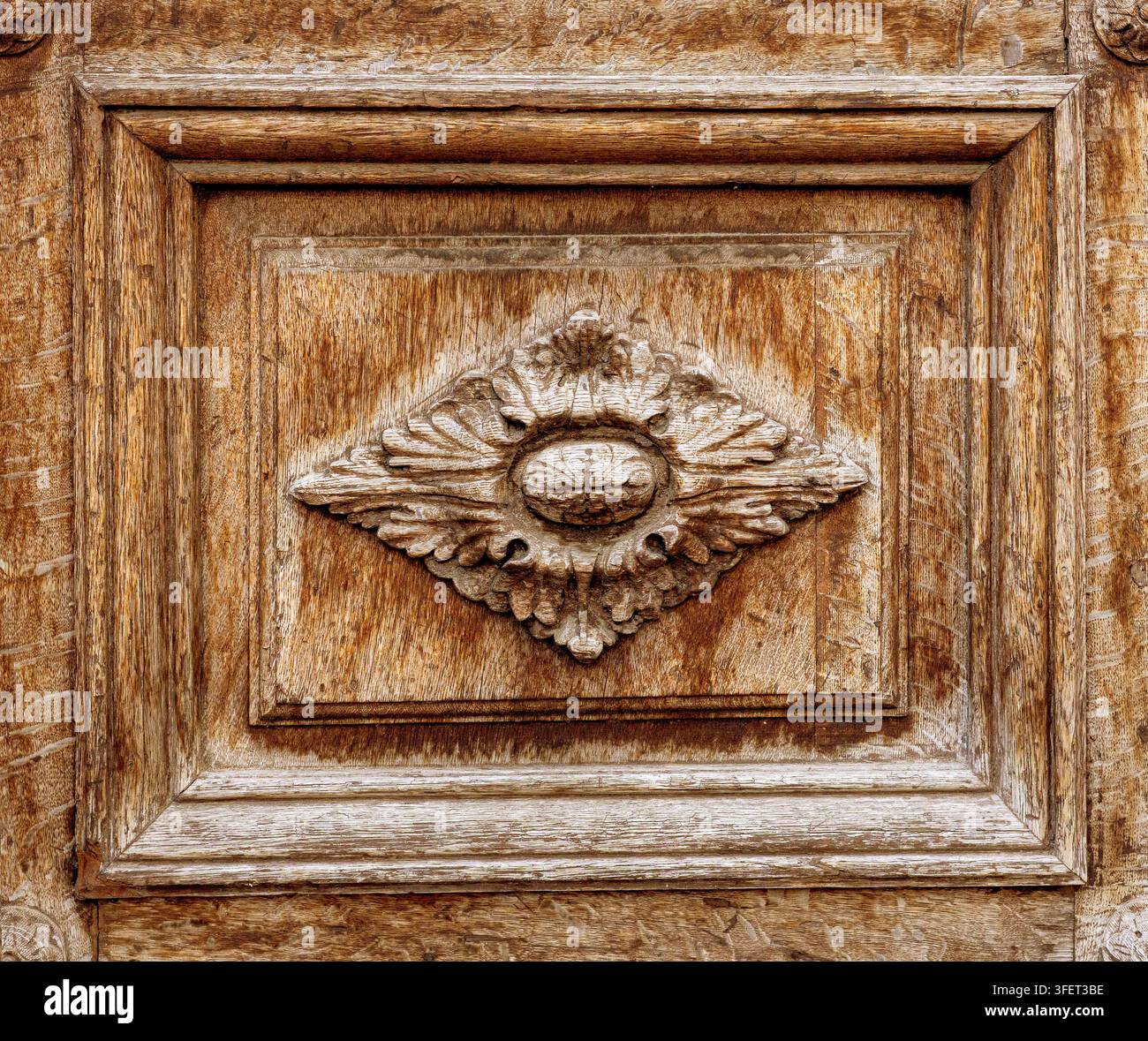 Verziertes Blumenmotiv, das in eine alte braune Holztafel geschnitzt ist Stockfoto