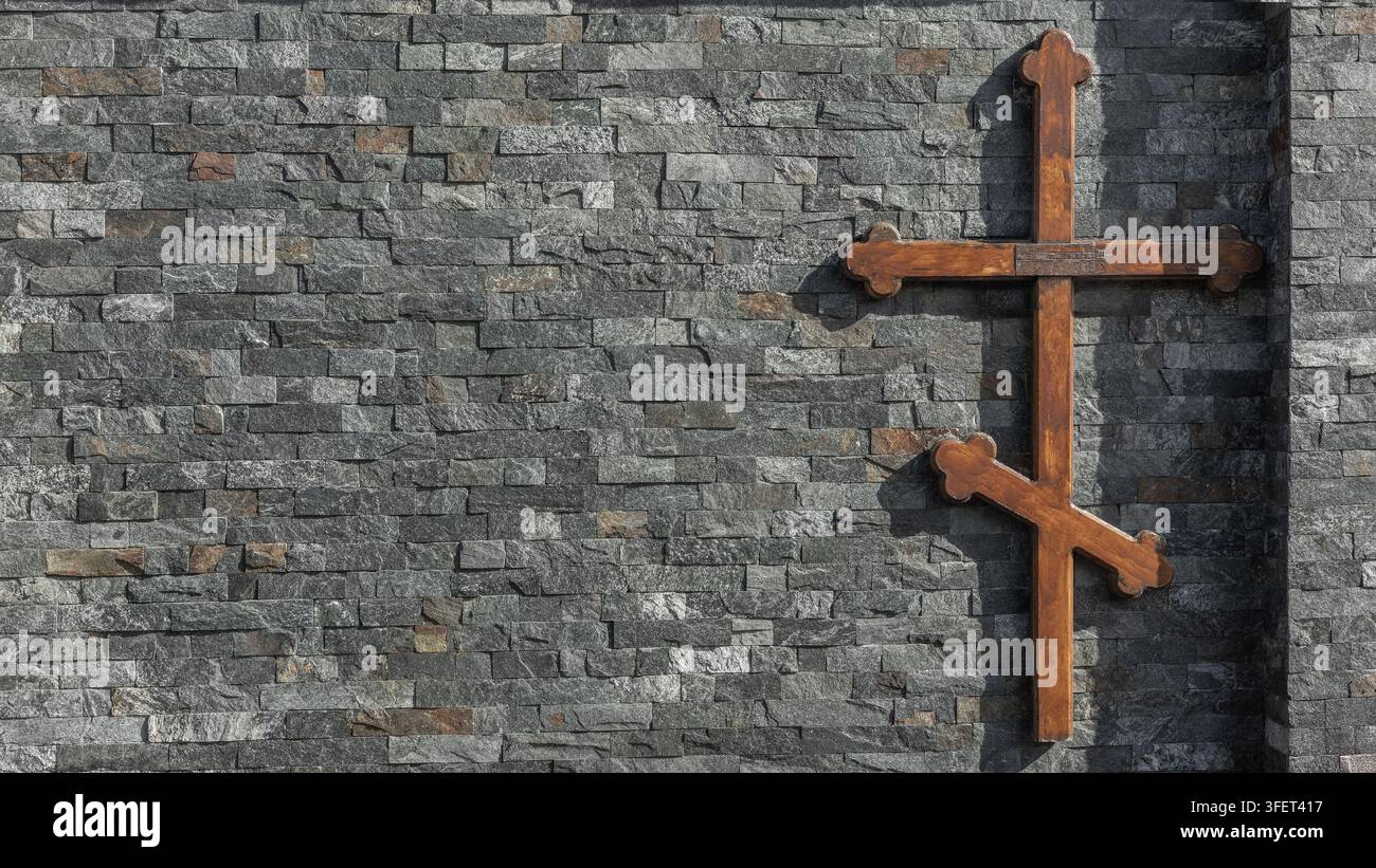 Orthodoxes Holzkreuz montiert an einer modernen dunkelgrauen Steinwand mit starken Schatten Stockfoto