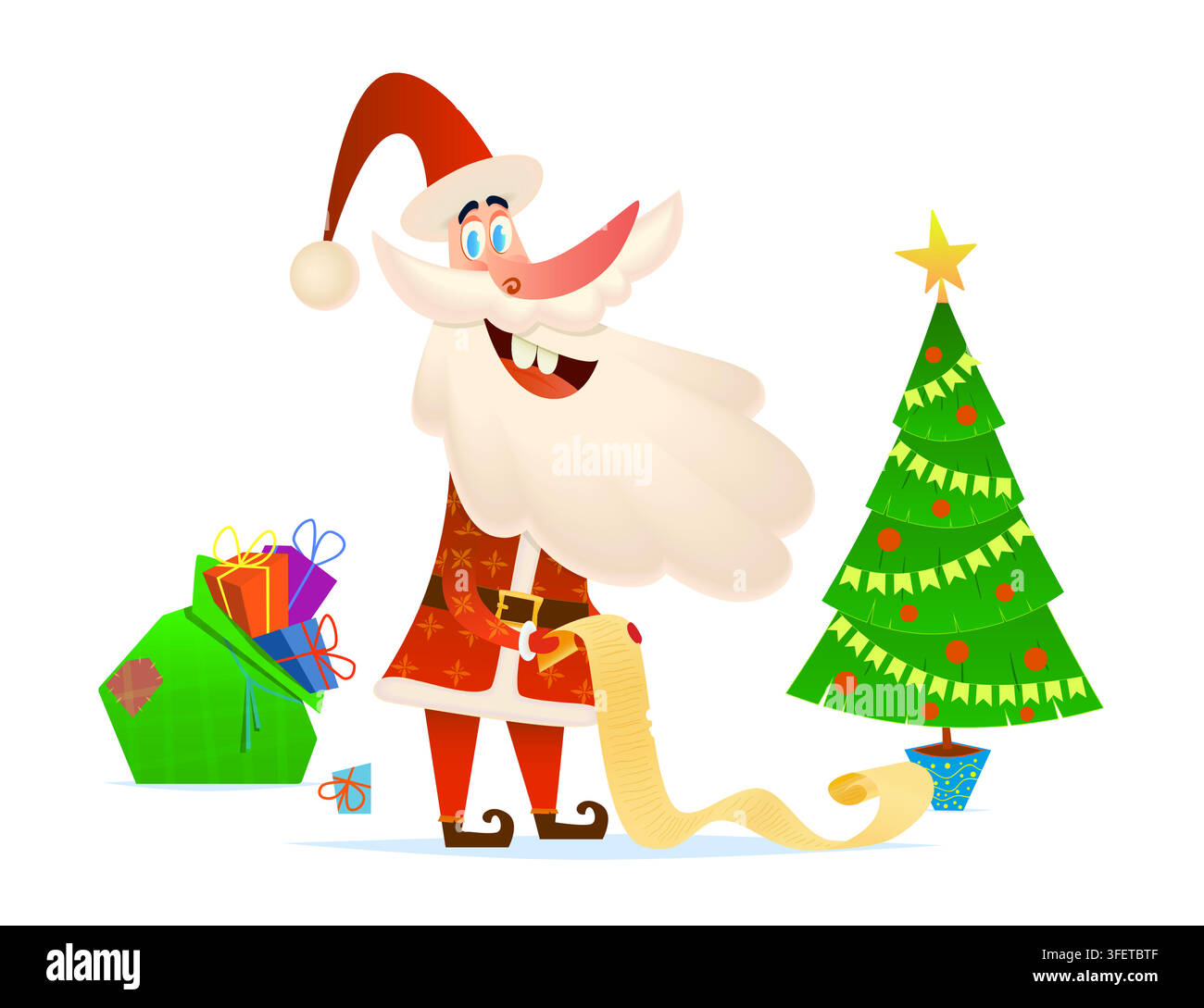 Weihnachtsliste mit Weihnachtswünschen von Santa nahe einem Baum und einer Geschenktüte. Illustration im Cartoon-Stil Stock Vektor