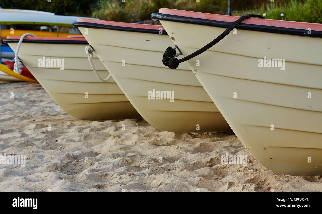 Drei weiße Boote mit roten Rändern ruhen auf einem sandigen Strand, zeigen ihre Rümpfe und Taue, wobei weitere Boote und Grünpflanzen im Hintergrund zu sehen sind Stockfoto