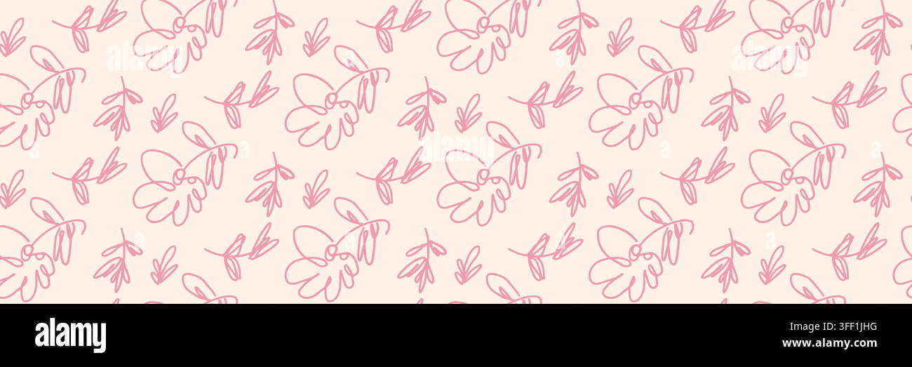 Naiver handgezeichneter floraler Nahtloser Muster in rosa Linienkunst Stock Vektor