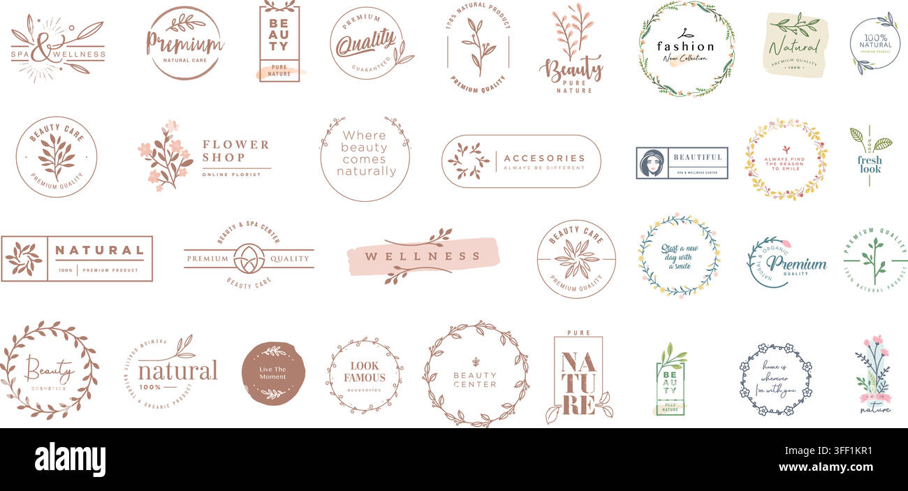 Vektor-Illustrationsset von Schönheitspflege- und Naturprodukt-Badges mit Blumenkränzen, botanischen Elementen, organischen Kosmetika und Markenlogos. Stock Vektor