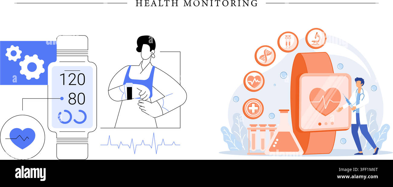 Vektor-Illustrationsset zum Thema Gesundheitsüberwachung mit Fitness-Tracker-Smartwatch, Blutdruckmessgerät, Herzfrequenz, Arzt und Testkolben. Stock Vektor