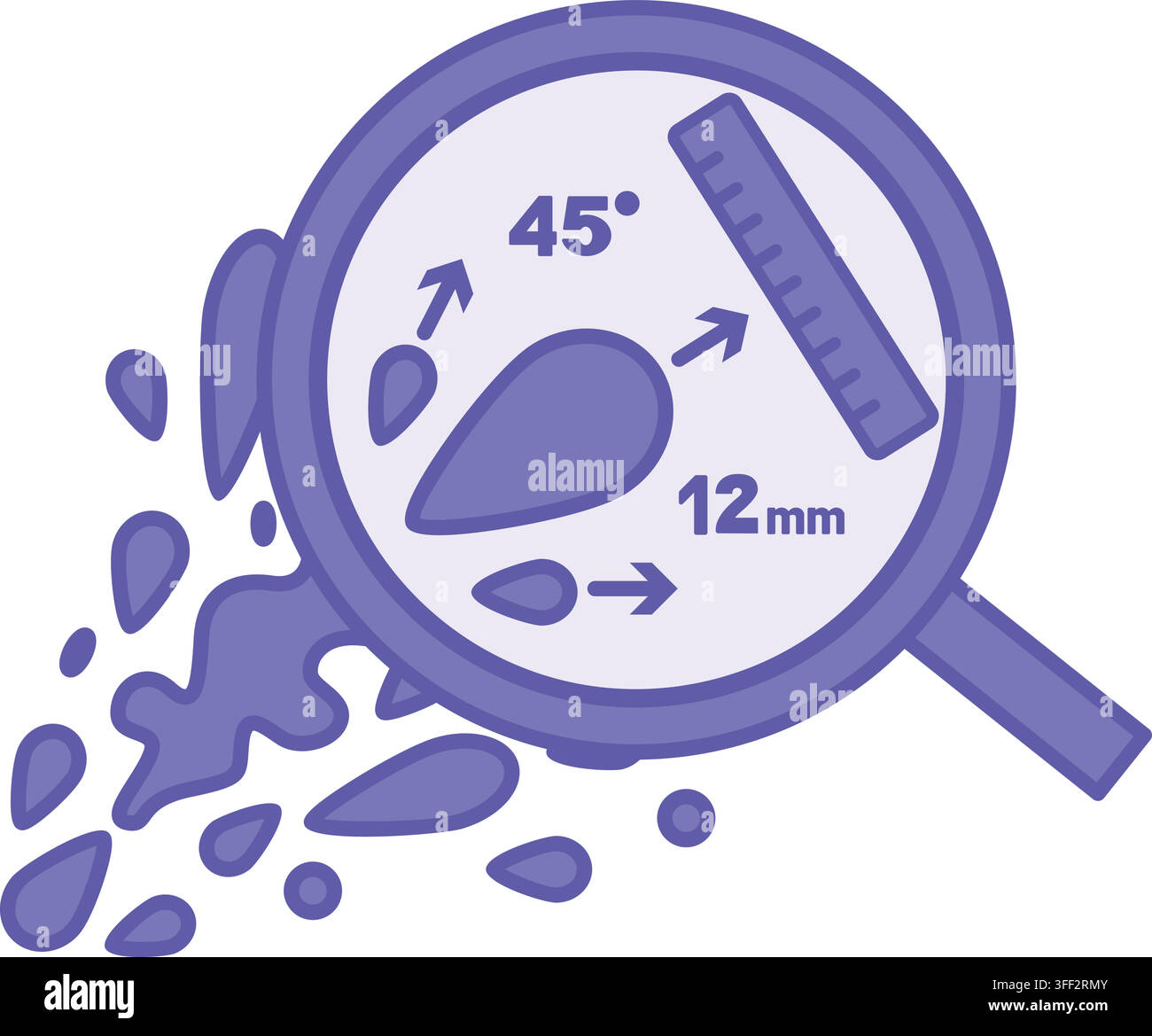 Ikone für die forensische Analyse von violetten Blutspritzern. Vektorillustration. Lupe, Messung der Blutfleckenposition. Untersuchung, Polizei, Beweise. D Stock Vektor