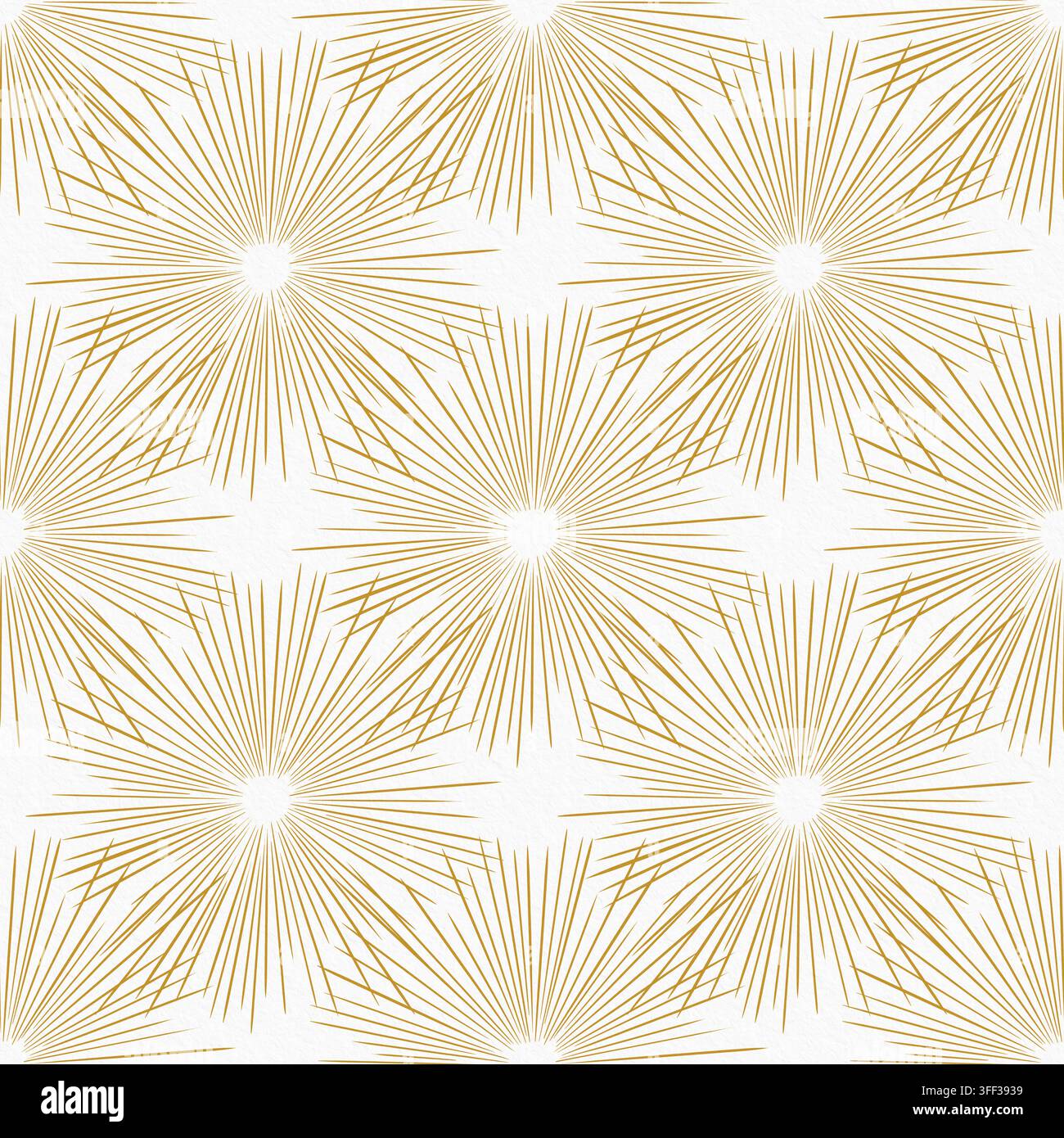 Nahtloses geometrisches Muster aus strahlenden goldenen Linien, die Sonnenstrahlformen auf handgefertigtem weißem Papier bilden. Stockfoto