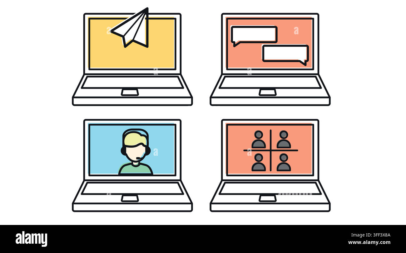 Digitale Kommunikation und Fernarbeit Laptop-Computer Vektor-Icons Set. Schwarze Linienkunst mit Farboffset-Füllstil auf weißem Hintergrund. Stock Vektor