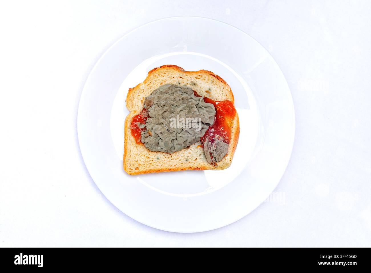 Eine Scheibe Brot liegt auf einem weißen Teller, belegt mit einer grauen Creme und roter Sauce, bereit zum Verzehr beim Frühstück oder Mittagessen. Stockfoto