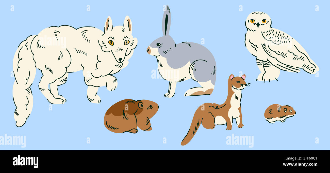 Arktische Wildtier-Sammlung mit Polarfüchse, Hase, Schneeeule, Hermelin, Tundramaulwurf für die Kinderbildung, Kindergarten-Dekor, Wildtier-Poster, Tiere Stock Vektor