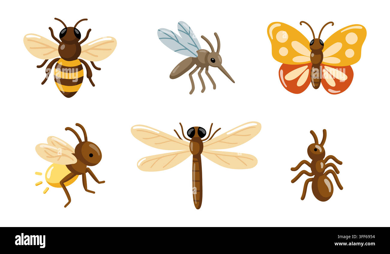 Biene, Mücke, Schmetterling, Glühwürmchen, Libelle und Ameise Set. Cartoon-Vektorillustration auf weißem Hintergrund. Stock Vektor