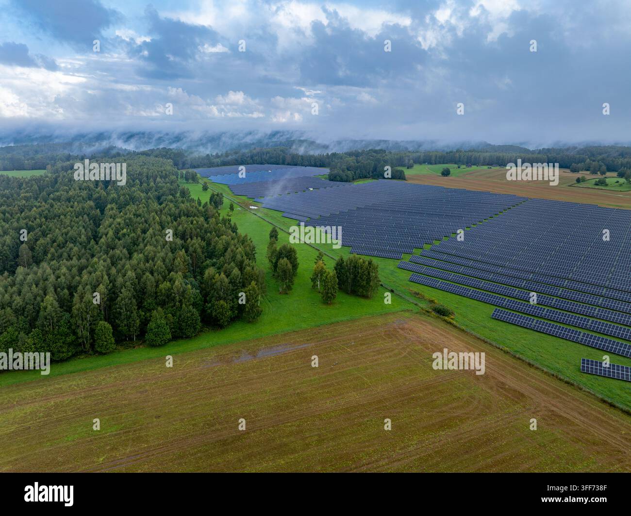 Luftbild einer großen Solarfarm und Photovoltaik-Paneele neben einem Wald unter einem dramatischen bewölkten Himmel Stockfoto
