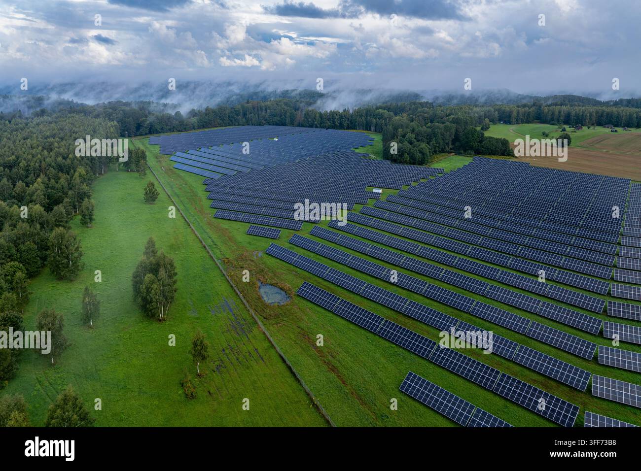 Drohnen-Luftbild einer großen photovoltaischen Solarfarm, umgeben von Wald und nebliger ländlicher Landschaft Stockfoto