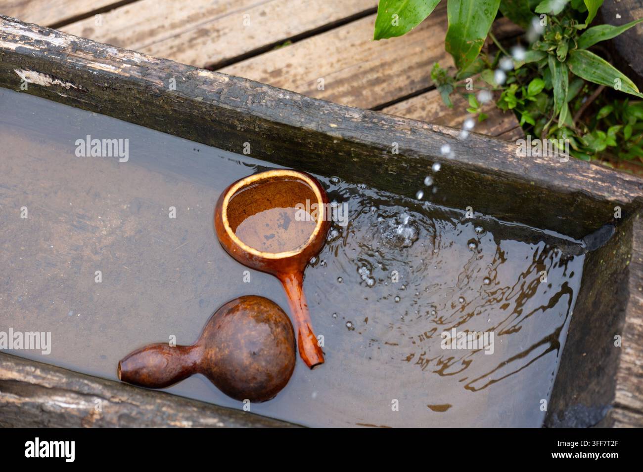 Eine hölzerne Wassertrog-Kupferkelle, die reflektierendes Regenwasser auf tropischem Laub auf einem rustikalen Deck schwimmt, ruhiges Außenbecken mit verwittertem Holz und üppigem G Stockfoto