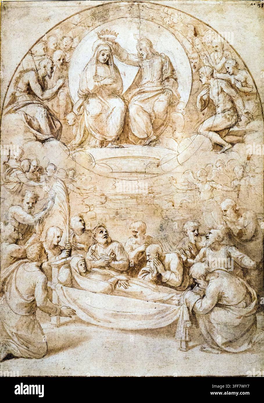 Tod und Krönung der Jungfrau 1512 von Raffaello Sanzio bekannt als Raffaello (1483-1520) Feder und braune Tinte, weiße Höhepunkte, Spuren von Kohle Stockfoto