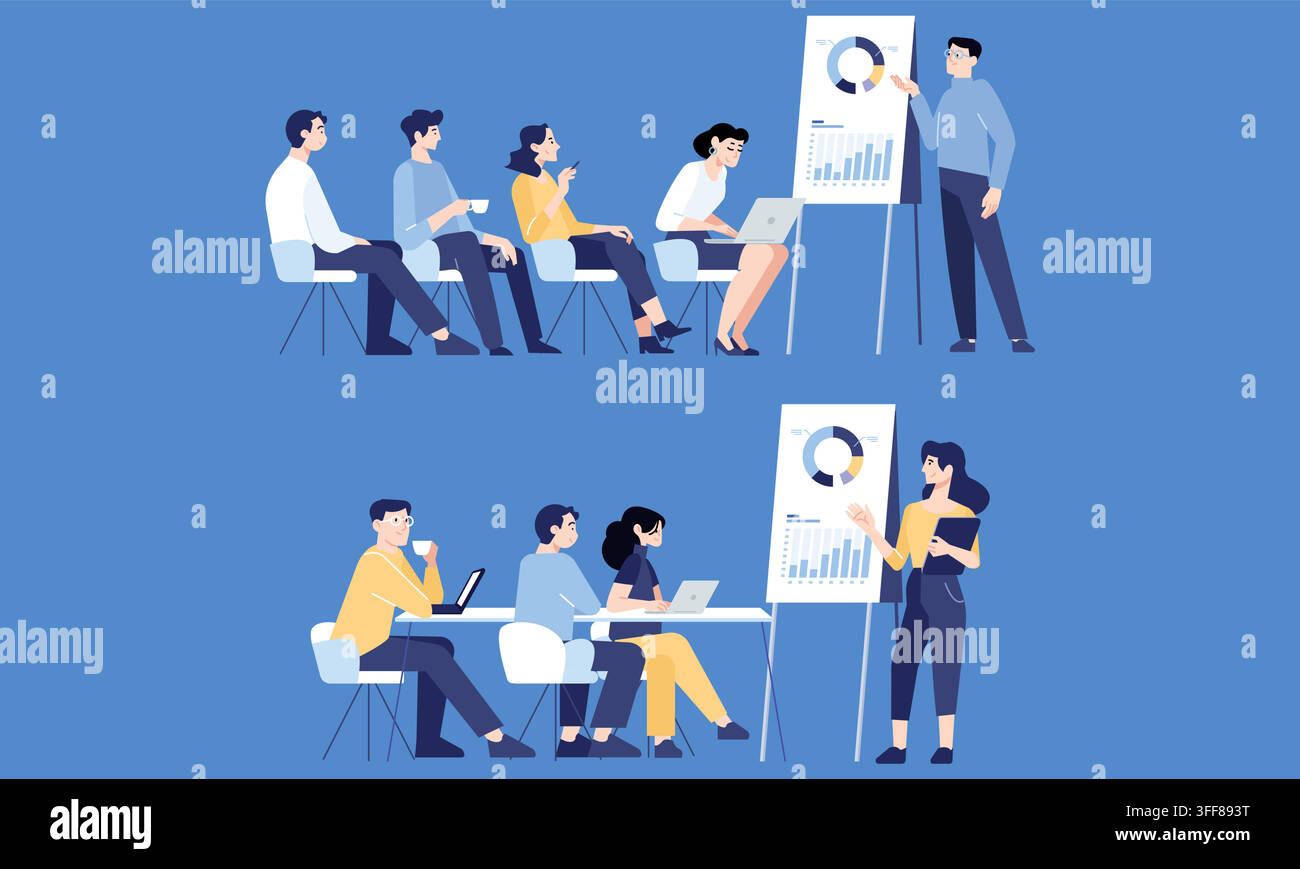 Business-Präsentation-Vektor-Illustrationsset mit Unternehmensschulung, Seminar, Meeting, Diagrammen, Analysen, Redner und Publikum. Stock Vektor