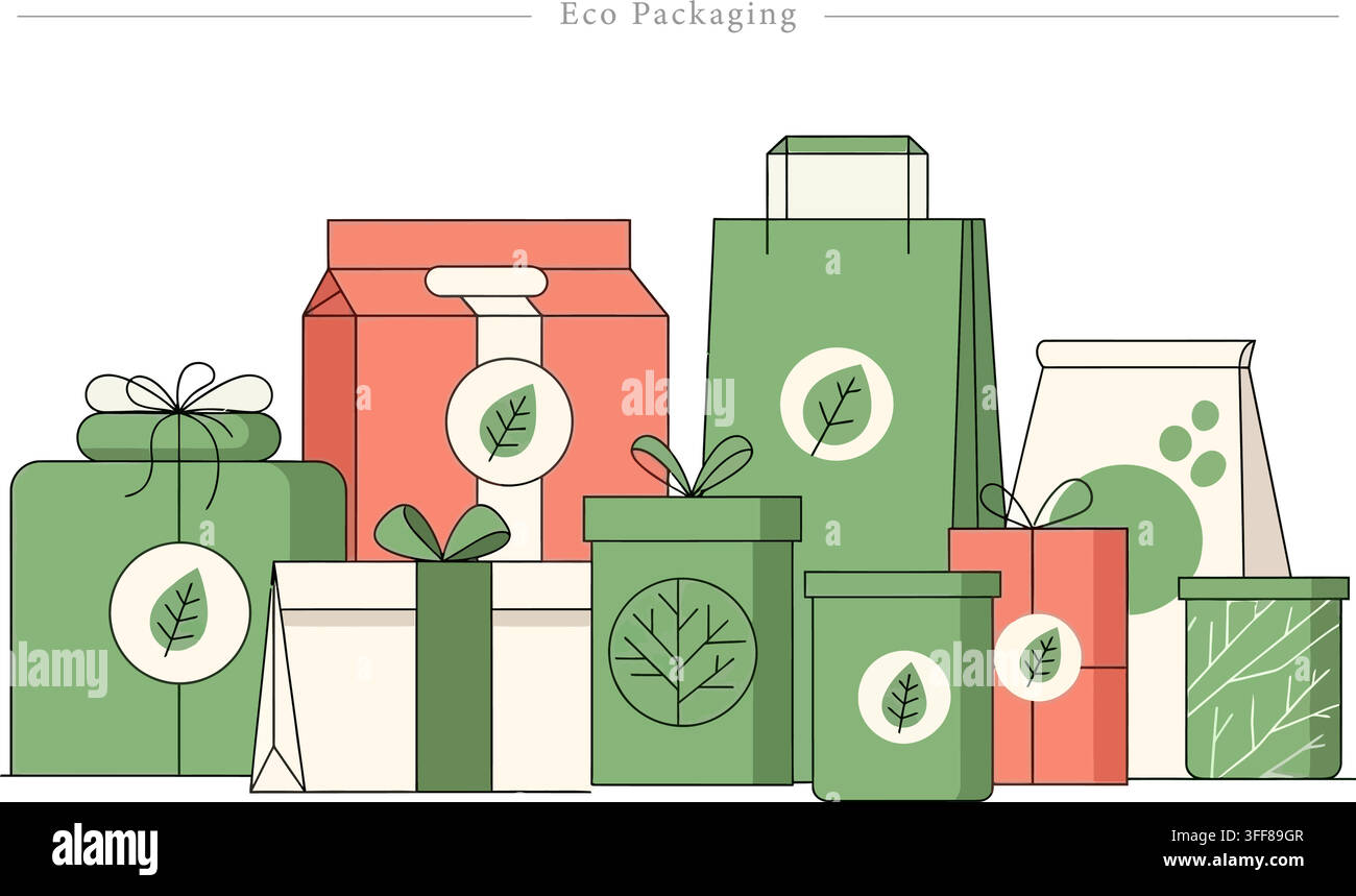 Eco-Verpackungs-Vektor-Banner-Illustrationsset mit nachhaltigen Produkten, grünen Kartons, Papiertüten, recycelbaren Materialien und Umweltpflege. Stock Vektor