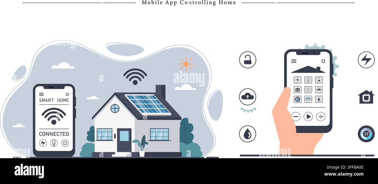 Mobile-App zur Steuerung von Home-Vektor-Banner-Illustrationen mit Smart-Home-Automatisierung, Smartphone, Wi-Fi-Verbindung und Solarpanelen. Stock Vektor