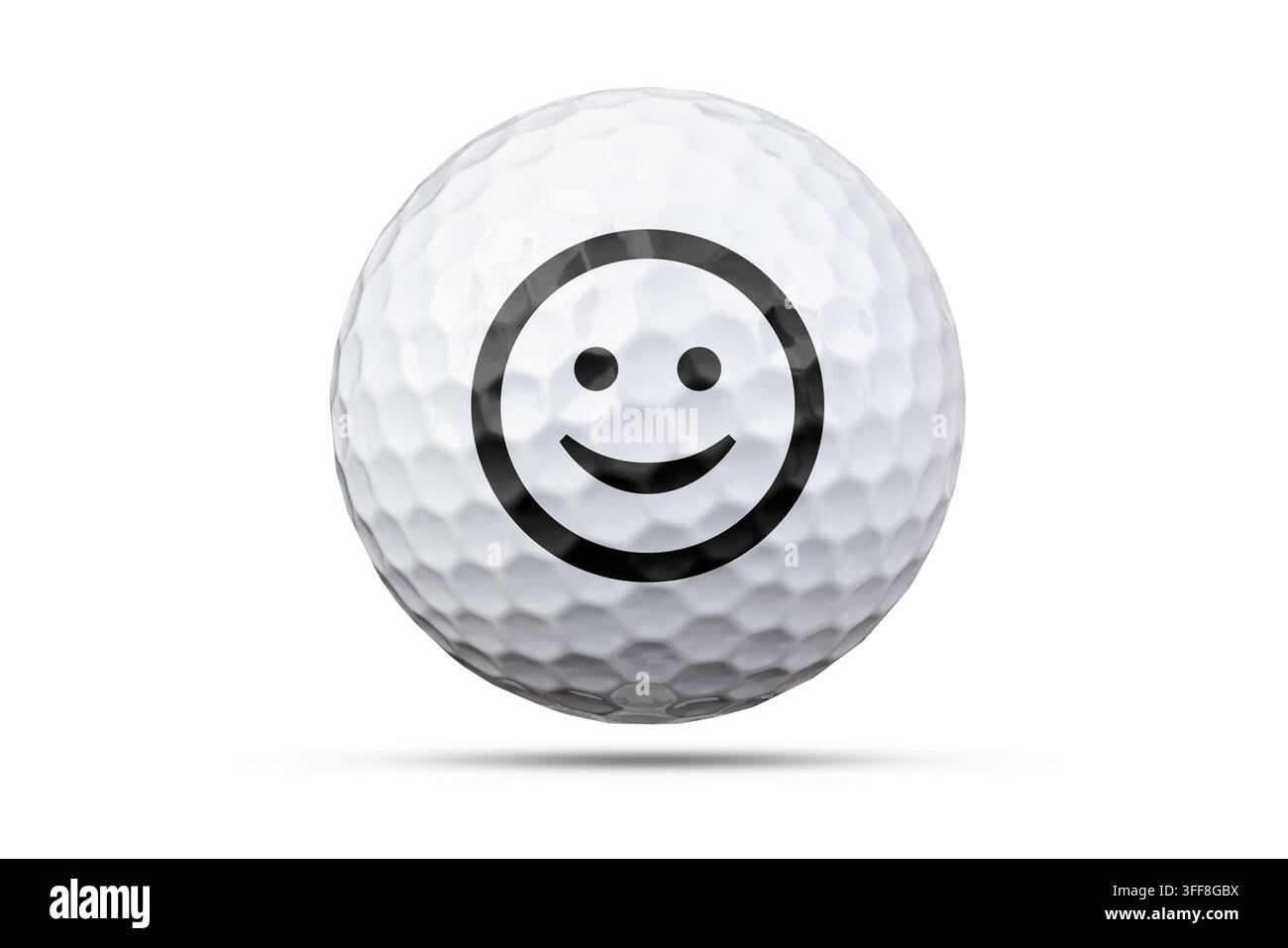 Golfball mit einem Smiley-Gesicht isoliert auf Weiß Stockfoto